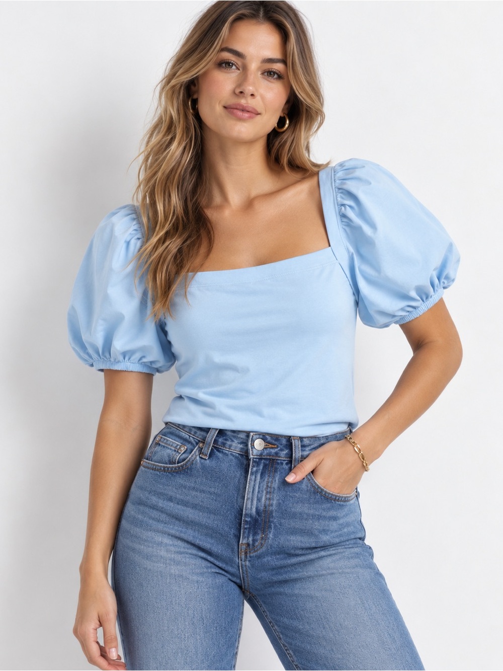 Anthro Nation Los Angeles Sky Blue Puff Sleeve Square‎ Neck cotton Blouse XL